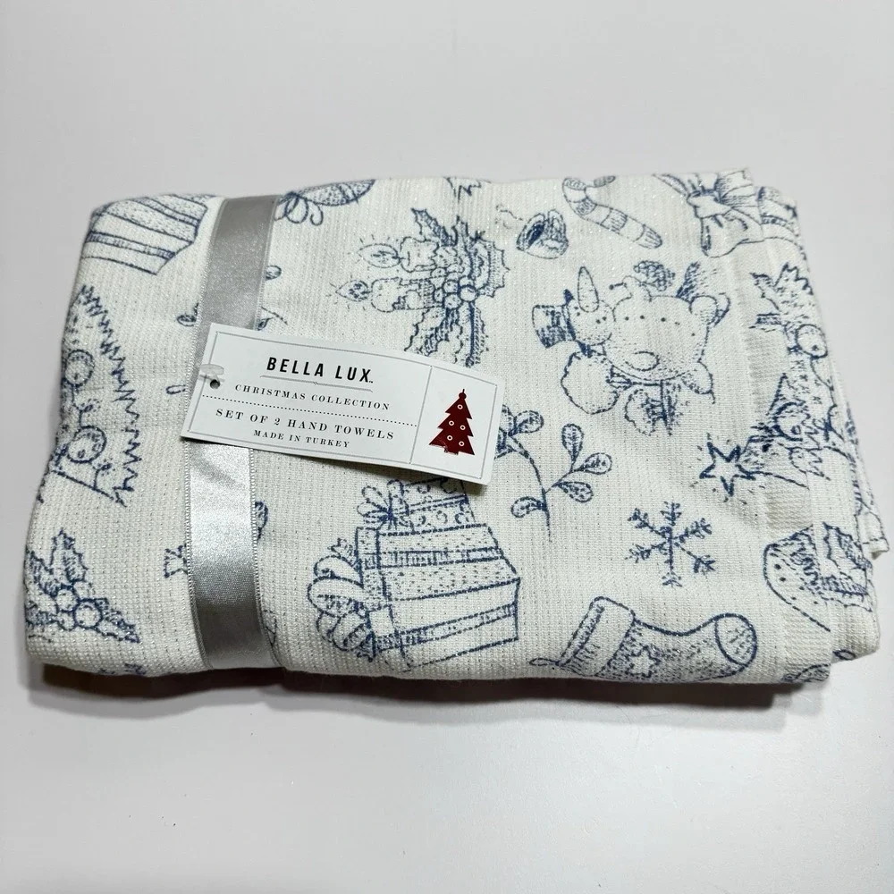 Set 2 Bella Lux White Blue Sparkly Christmas Bathroom Hand Towels 100% Cotton